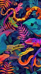 Colorful reptiles and amphibians explore a vibrant jungle filled with tropical plants