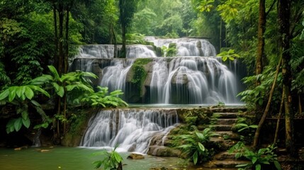 Tranquil Waterfall Surrounded by Lush Greenery