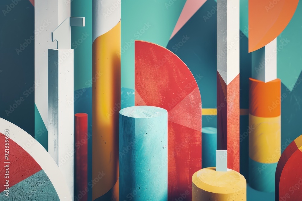 Poster a vibrant wall displaying an array of different shapes and sizes in a harmonious composition, merge 