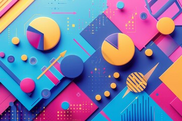 Colorful abstract background featuring various circles and shapes in a lively composition, Merge financial data with geometric shapes to craft a visually stunning backdrop