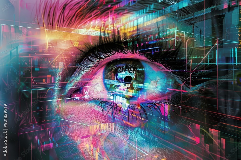 Poster a close-up of a womans eye with dynamic and colorful lines swirling in the background, merge the wor