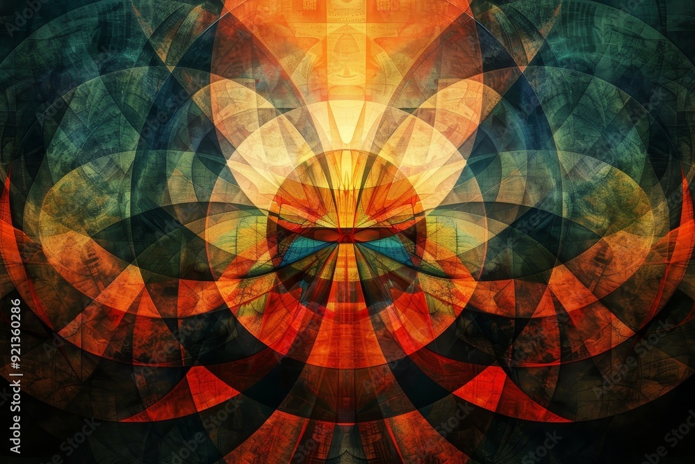 Poster geometric forms merge to create a vibrant abstract flower in colorful hues, merging geometric forms 