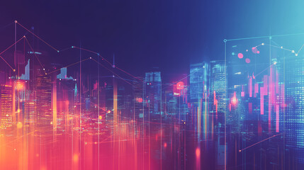 Fototapeta premium Smart digital city with connection network that is at the cutting edge of innovation in technology and business with bright, modern skyscrapers. Backgrounds for technology and charts and graphs