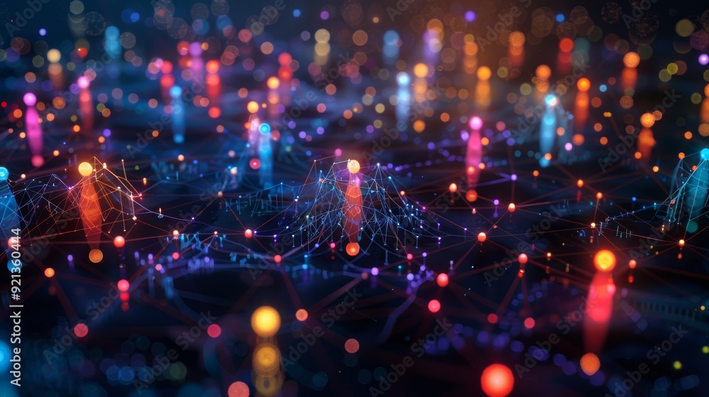 Poster people are interconnected within a vibrant digital network that is illuminated by colorful and dynam