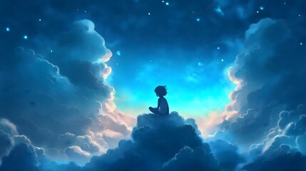 Obraz premium A silhouette of a person, possibly a child, sitting atop a cloud amidst a vast expanse of the night sky. The sky is painted in deep shades of blue, dotted with stars