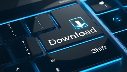 A close-up view of a computer keyboard. The keyboard has a dark, possibly black, finish with illuminated blue edges. Prominently displayed on one of the keys is the word 'Download' in white text