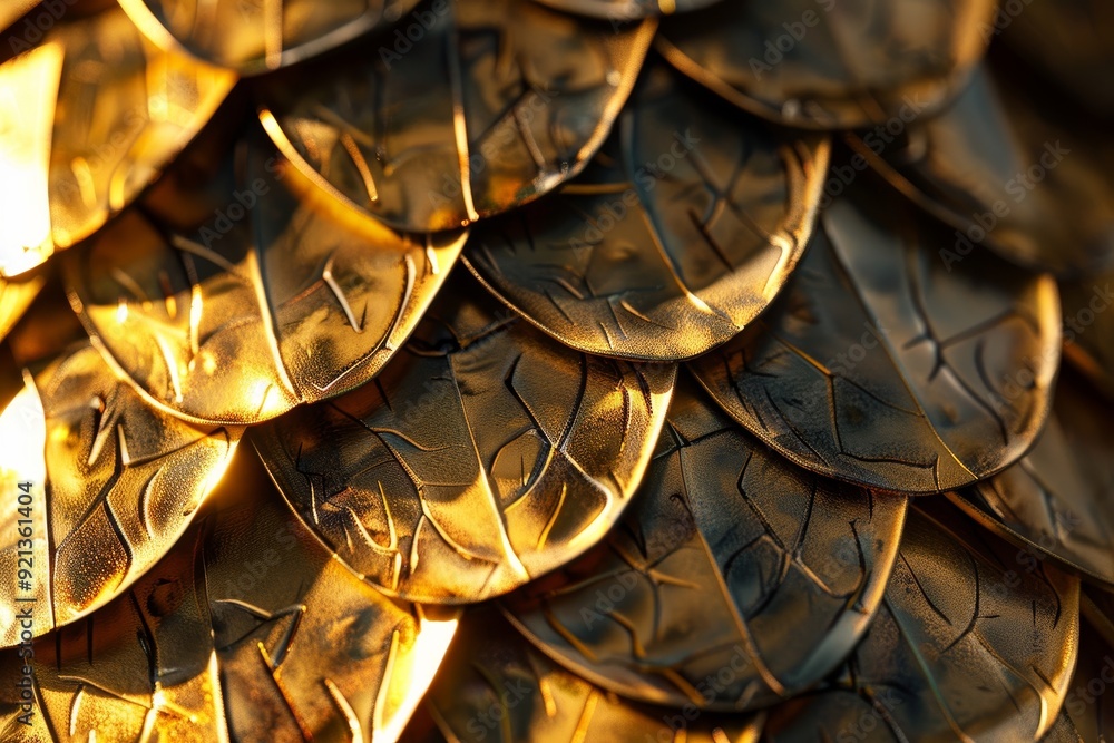 Wall mural A close-up view of a group of shiny gold coins under sunlight, Metallic scales gleaming under the sunlight