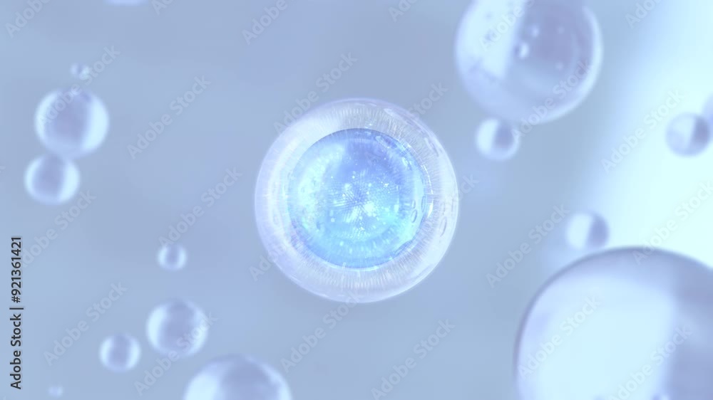 Poster 3d render animation with liquid, transparent bubbles flying away. macro shot of various bubbles in w