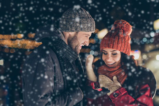 Let's get married. Close-up portrait of his he her she nice attractive charming cute lovely cheerful cheery couple wearing warm outfit guy making proposal 14 February outdoors