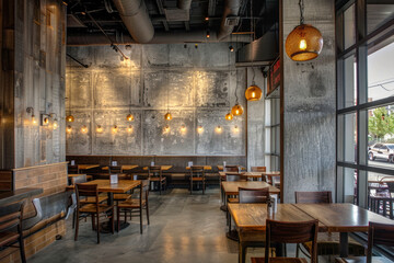 Naklejka premium Chic restaurant design with abstract smooth concrete feature walls.
