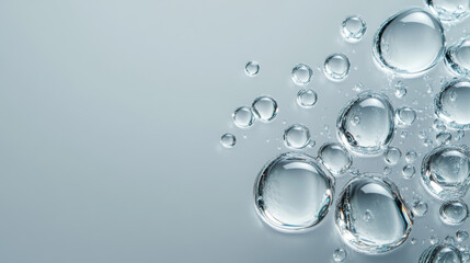 Water drops of transparent gel serum on a gray background. The serum's clarity and texture are highlighted by the droplets, creating a clean and fresh appearance that emphasizes the product's purity 