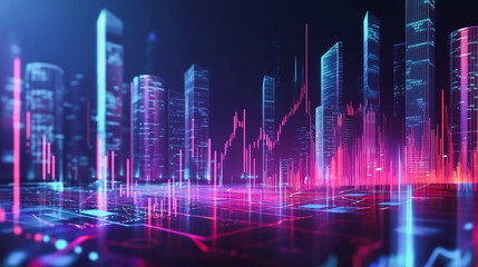 Smart digital city with connection network that is at the cutting edge of innovation in technology and business with bright, modern skyscrapers. Backgrounds for technology and charts and graphs