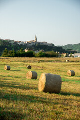 hay bales in the field, old castle