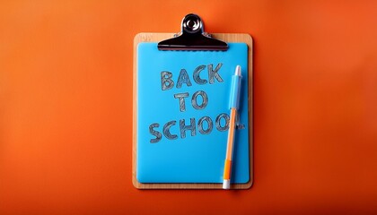 The phrase "back to school" is displayed on a piece of blue paper attached to a clipboard, set against an orange backdrop.