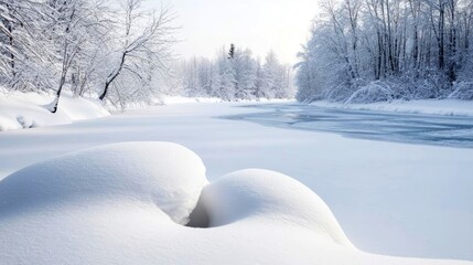 A serene winter landscape with snow-covered trees and a frozen river