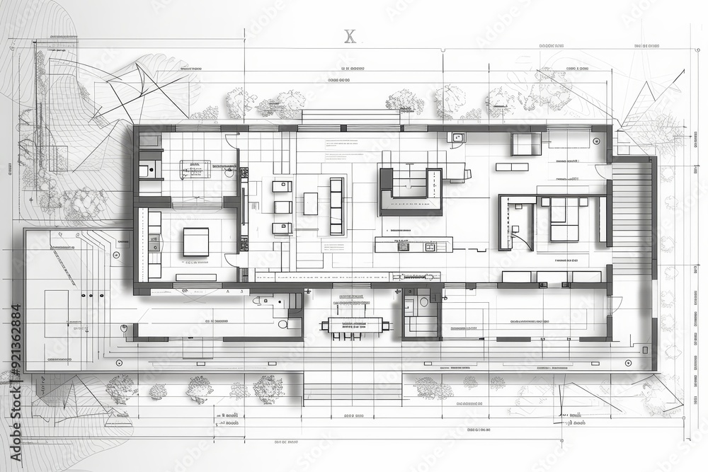 Poster drawing of a contemporary building with a multitude of windows filling the facade, minimalist bluepr
