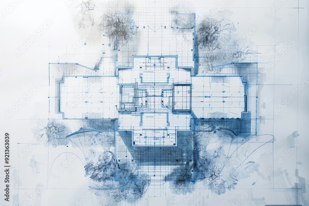 Poster blueprint showing architectural plans for house with trees surrounding, minimalist blueprint layout 