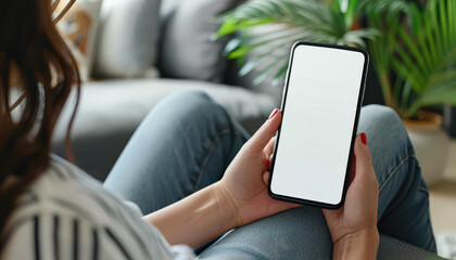 A woman is sitting on a couch holding a cell phone. The phone is white and has a black screen. The woman is focused on her phone, possibly checking messages or browsing the internet