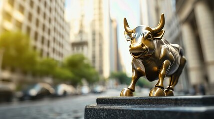 A majestic bronze bull sculpture symbolizes strength and prosperity in a vibrant urban setting.