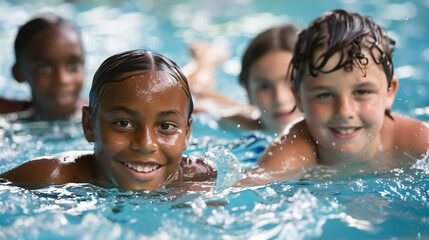Diverse young children enjoying swimming lessons in a pool, learning water safety skills.