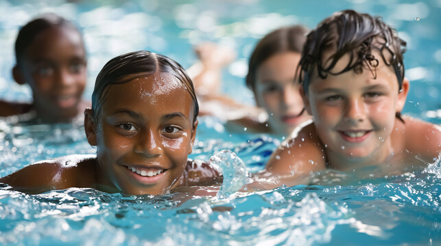 Diverse young children enjoying swimming lessons in a pool, learning water safety skills.