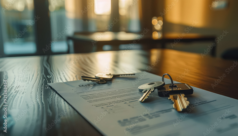 Poster a couple of keys are on a piece of paper. the keys are on a table in a room