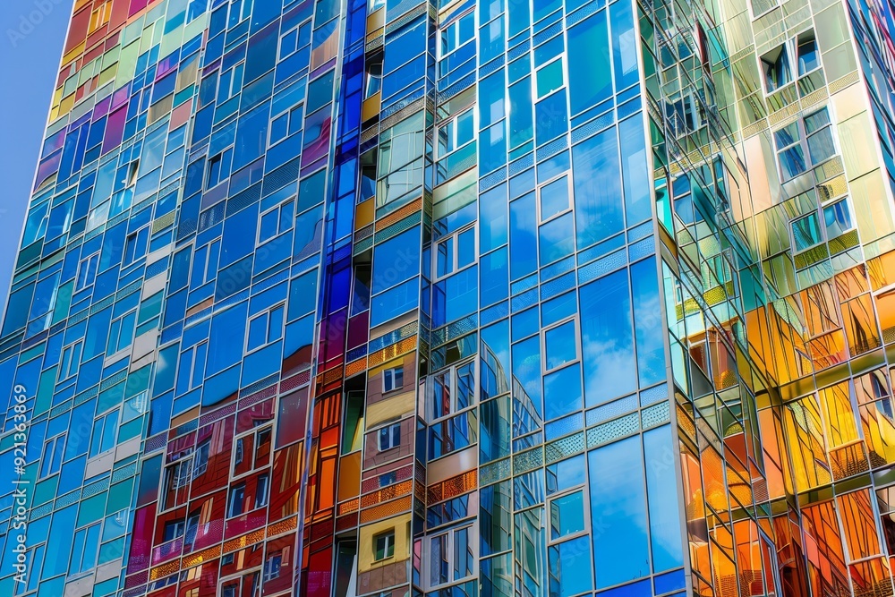 Poster remarkable sight of a very tall building covered in countless windows reflecting the surroundings, m