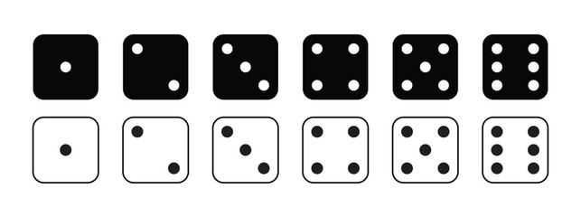 Game dice Icon with side of cube from one to six number. Set of black icon sided for gamble. Dot on cube of casino