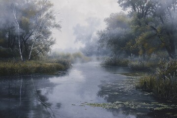 Fototapeta premium A painting showcasing a river meandering through a forest with mist creating a serene atmosphere, Mist shrouding a tranquil river