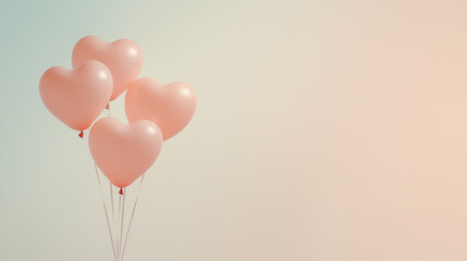 A trio of pink heart-shaped balloons gently floating against a pastel background, with plenty of negative space for text or design elements. Photo