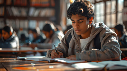 Focused Indian student studying in busy library with natural light