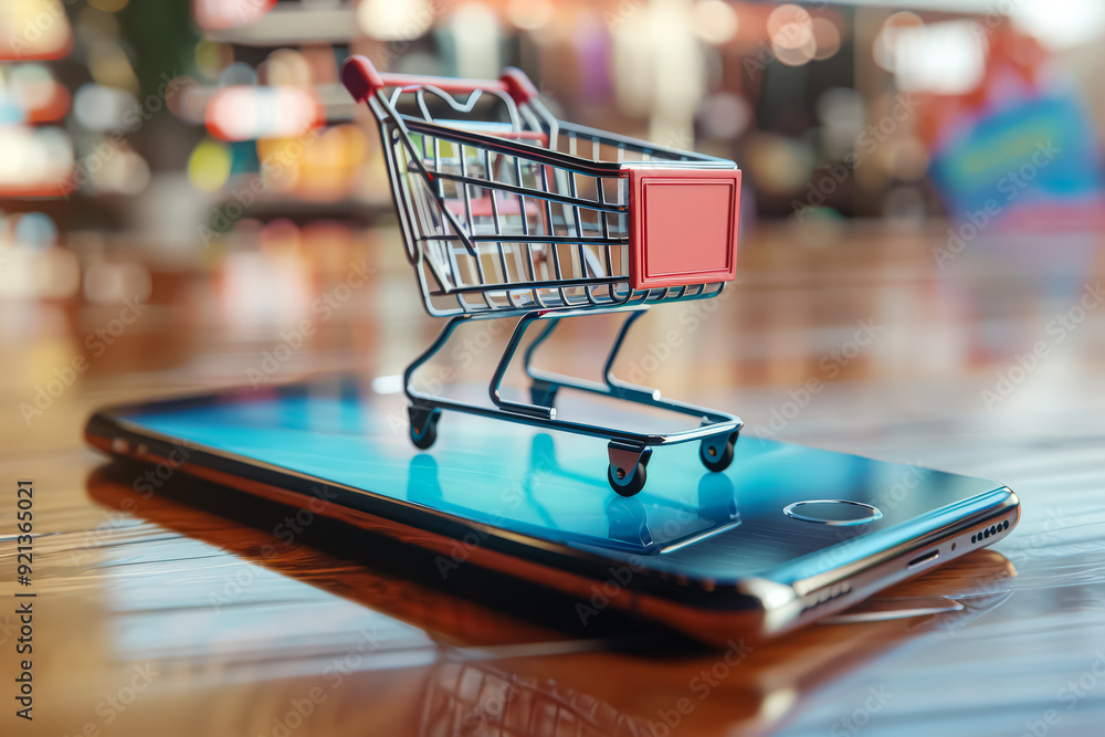 Poster a shopping cart is displayed on a cell phone screen. concept of shopping and the convenience of usin