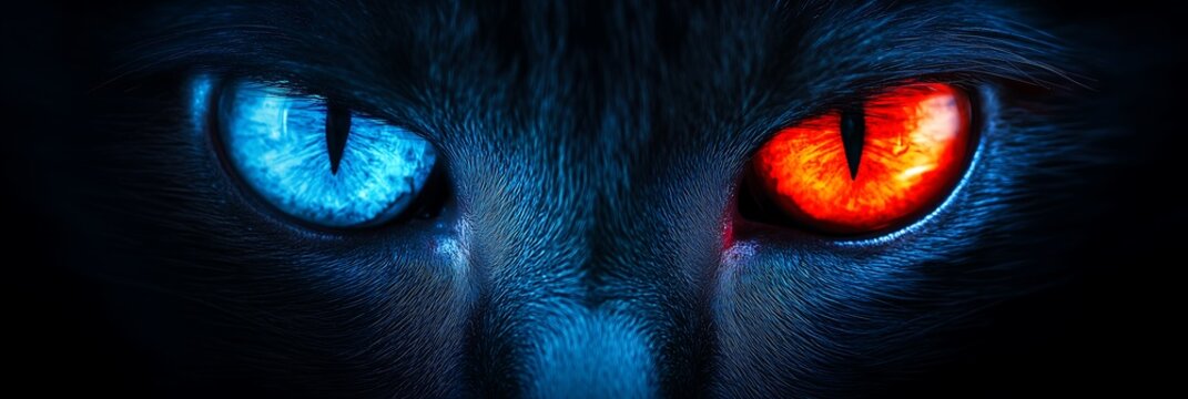Lullaby of the Moon: a black cat's odd eyes reflect the eerie glow of the moon and whisper ancient secrets.Generative AI.月の子守唄：黒猫のオッドアイが月の不気味な輝りを映し、古代の秘密を囁く。Generative AI.