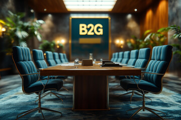 "B2G" written on a background of a business presenting a plan to government representatives in a modern boardroom