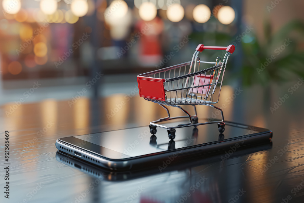 Poster a shopping cart is displayed on a cell phone screen. concept of shopping and the convenience of usin