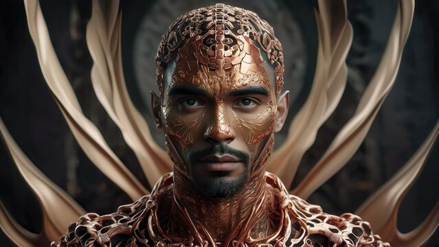 Futuristic and regal, this portrait features a man adorned in intricate, metallic armor, blending technology with organic design in a striking display of power and elegance.