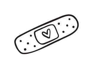 Hand drawn aid band plaster with heart care isolated on white background. doodle outline style