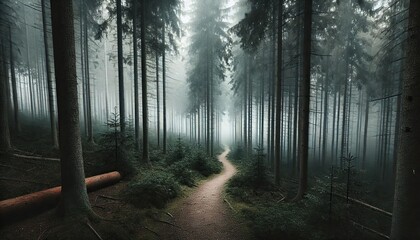 Obraz premium Deserted path in a forest covered in fog