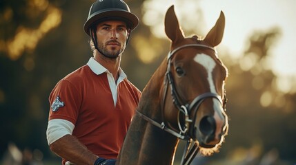 Obraz premium Polo Player with Horse at Sunset - Capturing the Essence of Equestrian Sports