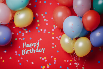 A vibrant display of colorful balloons and confetti celebrating a joyful birthday occasion against a bright red backdrop