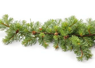 Green pine tree branch on white background
