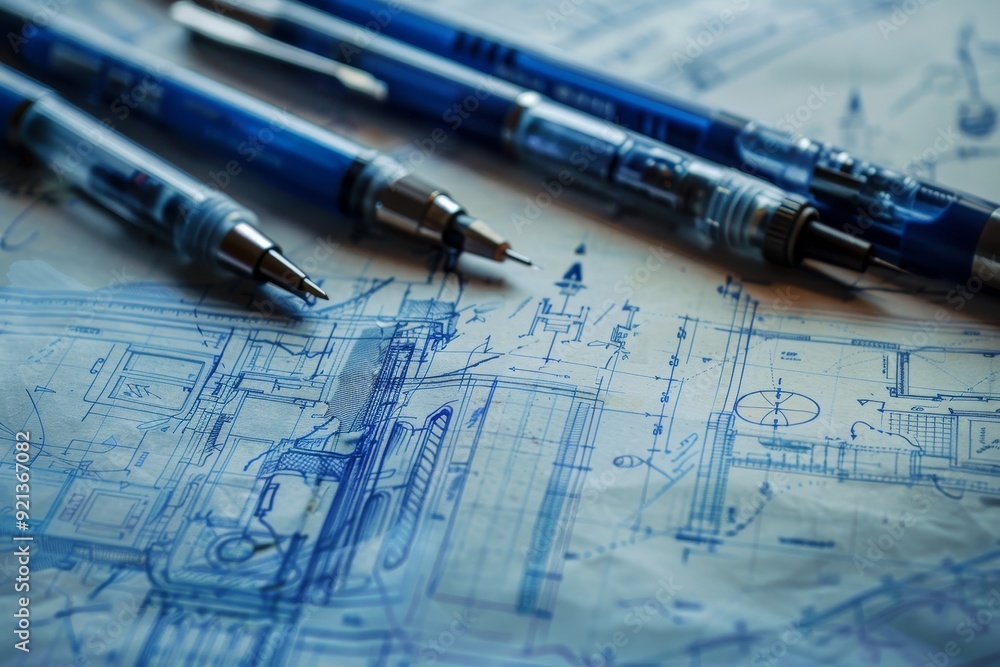 Poster two pens placed on top of a monochromatic blueprint sketch with technical annotations, monochromatic