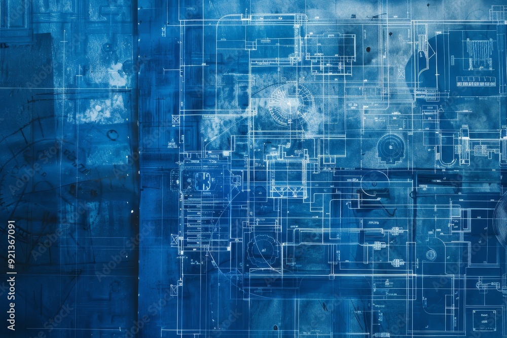 Poster a blue background filled with numerous intertwining lines in a monochromatic blueprint sketch style,