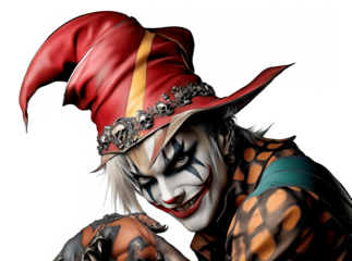 Sinister jester with a red hat and a menacing grin in a creepy Halloween portrait.