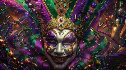 Festive Mardi Gras Extravaganza: Lively Celebration with Colorful Beads and Elaborate Masks