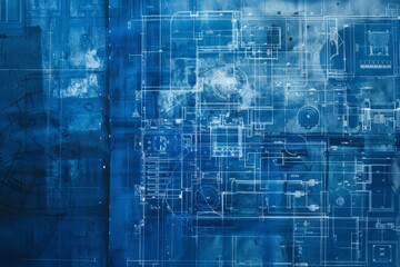 A blue background filled with numerous intertwining lines in a monochromatic blueprint sketch style, Monochromatic blueprint sketch with technical annotations