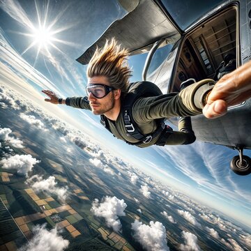 A person in freefall during a parachute jump with a blue sky and clouds in the background.