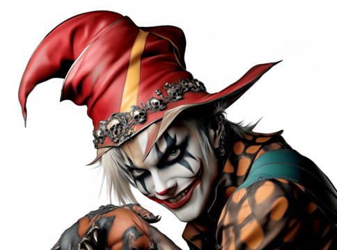 Sinister jester with a red hat and a menacing grin in a creepy Halloween portrait.