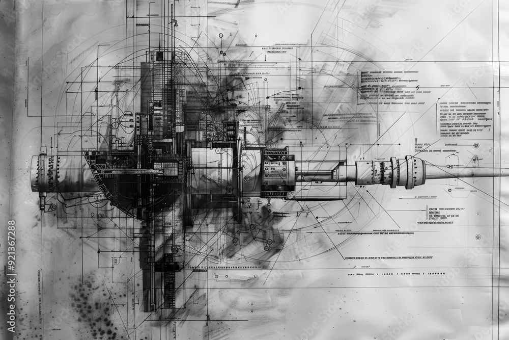 Poster monochromatic blueprint sketch depicting a complex machine with technical annotations, monochromatic