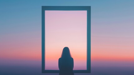 Silhouette of woman looking through framed window at vibrant sunset sky